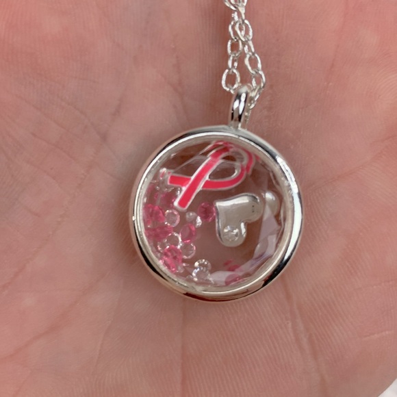 Silver NRQ Necklace & Pendant Pink ribbon & heart gems Breast Cancer Round New - Picture 11 of 13
